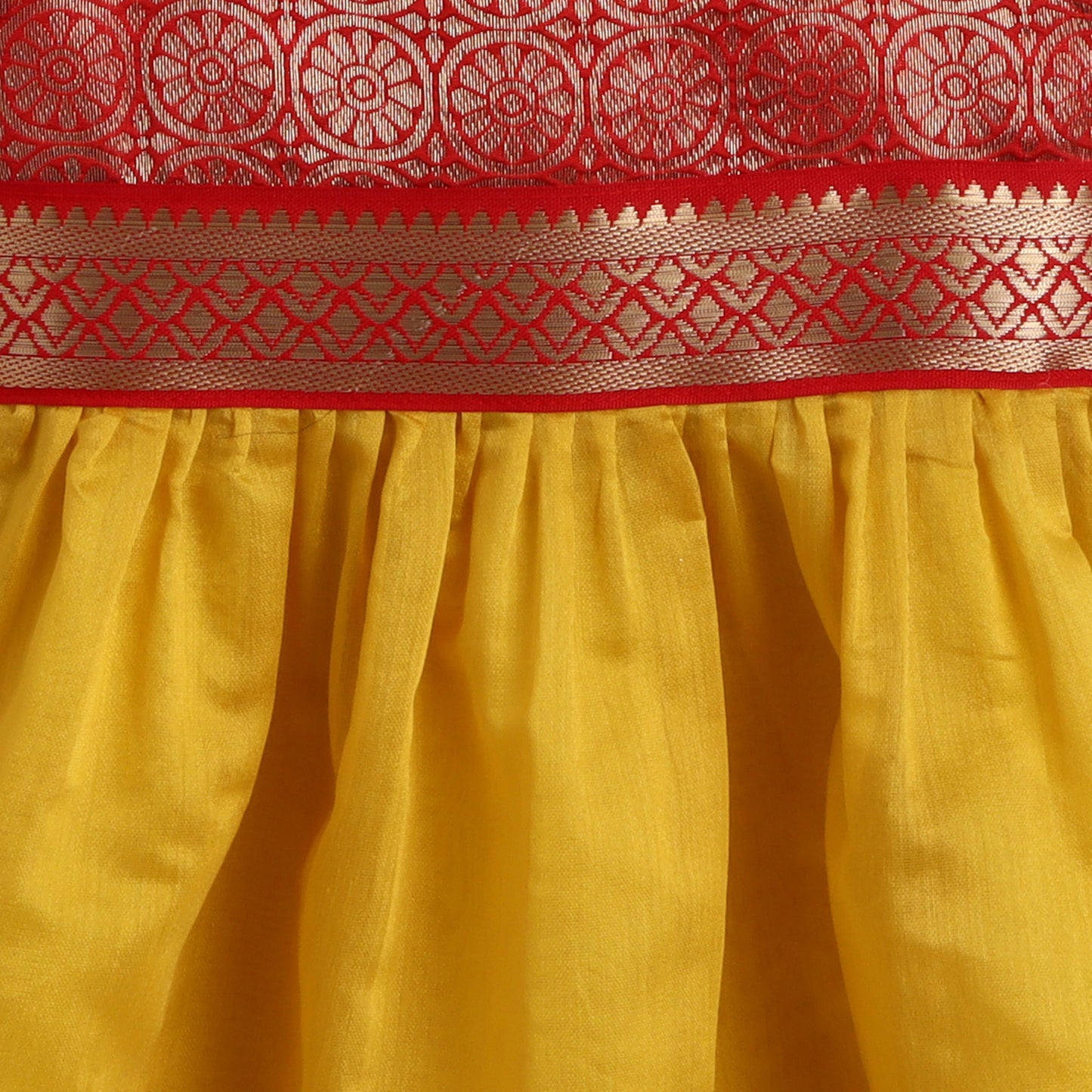 Many Frocks brocade & chanderi sleeveless lace embellished knee length ethnic dress - Red & Yellow