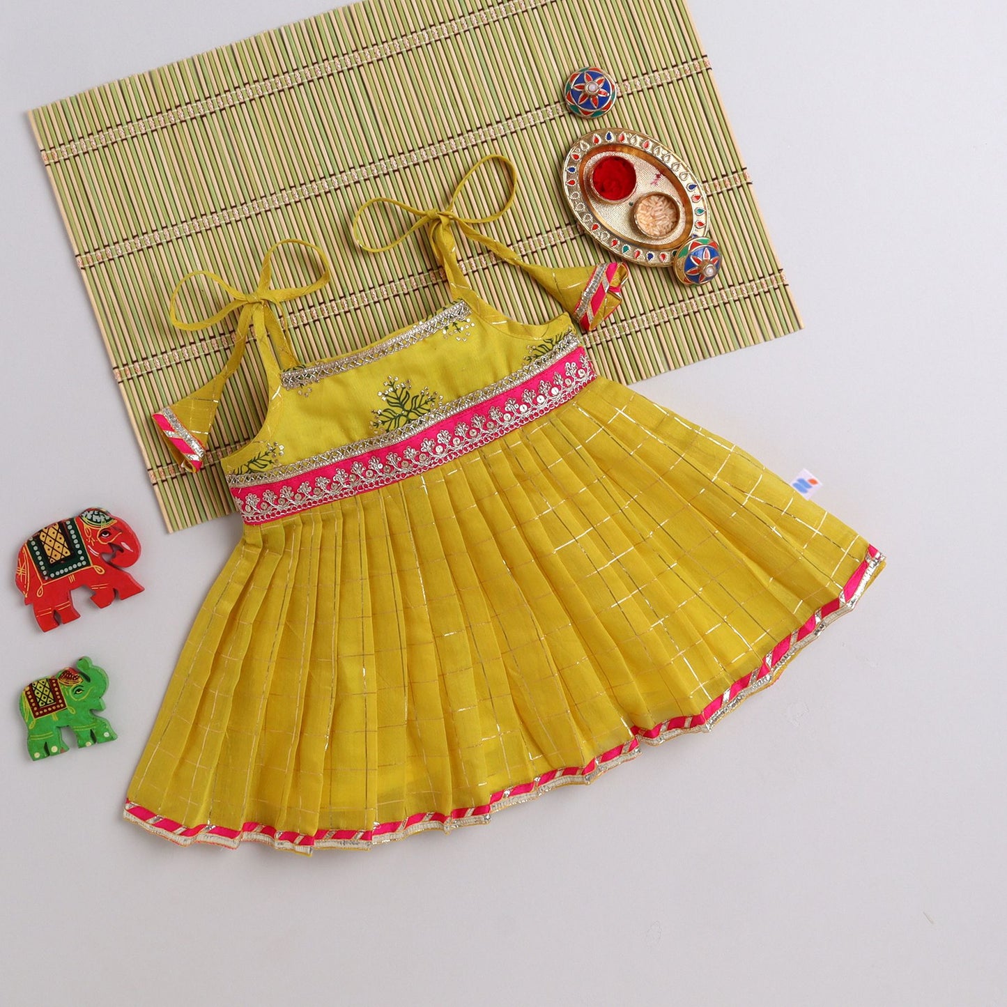 Many Frocks & chanderi sleeveless woven checks & lace embellished knee length ethnic dress - Yellow