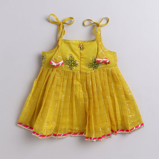 Many Frocks & chanderi sleeveless woven checks & lace embellished knee length ethnic dress - Yellow
