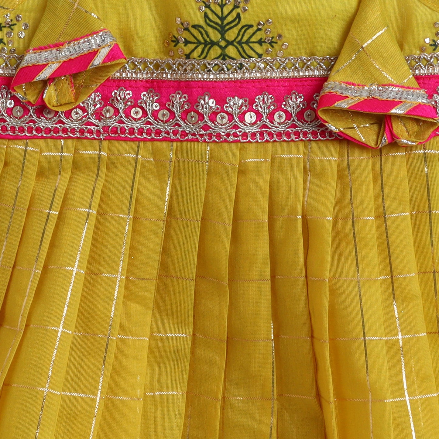Many Frocks & chanderi sleeveless woven checks & lace embellished knee length ethnic dress - Yellow
