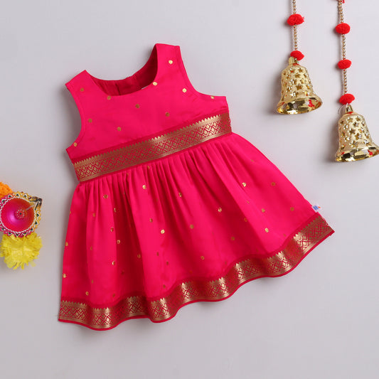 Many Frocks &  sleeveless  lace embellished woven boti knee length  ethnic dress - Pink