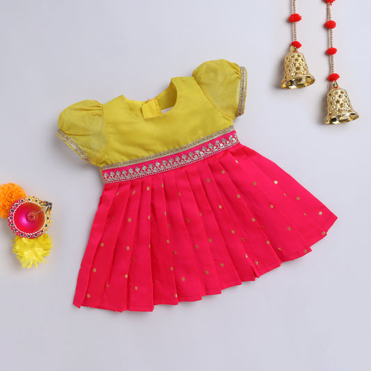 Many Frocks & woven boti lace embellished puff sleeves  knee length ethnic frock - Yellow & Pink