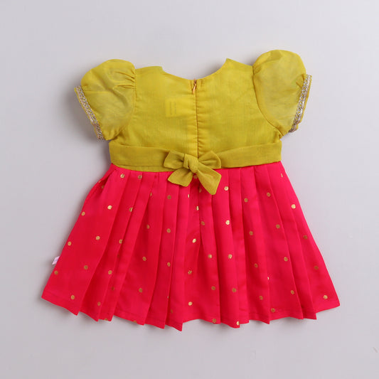 Many Frocks & woven boti lace embellished puff sleeves  knee length ethnic frock - Yellow & Pink