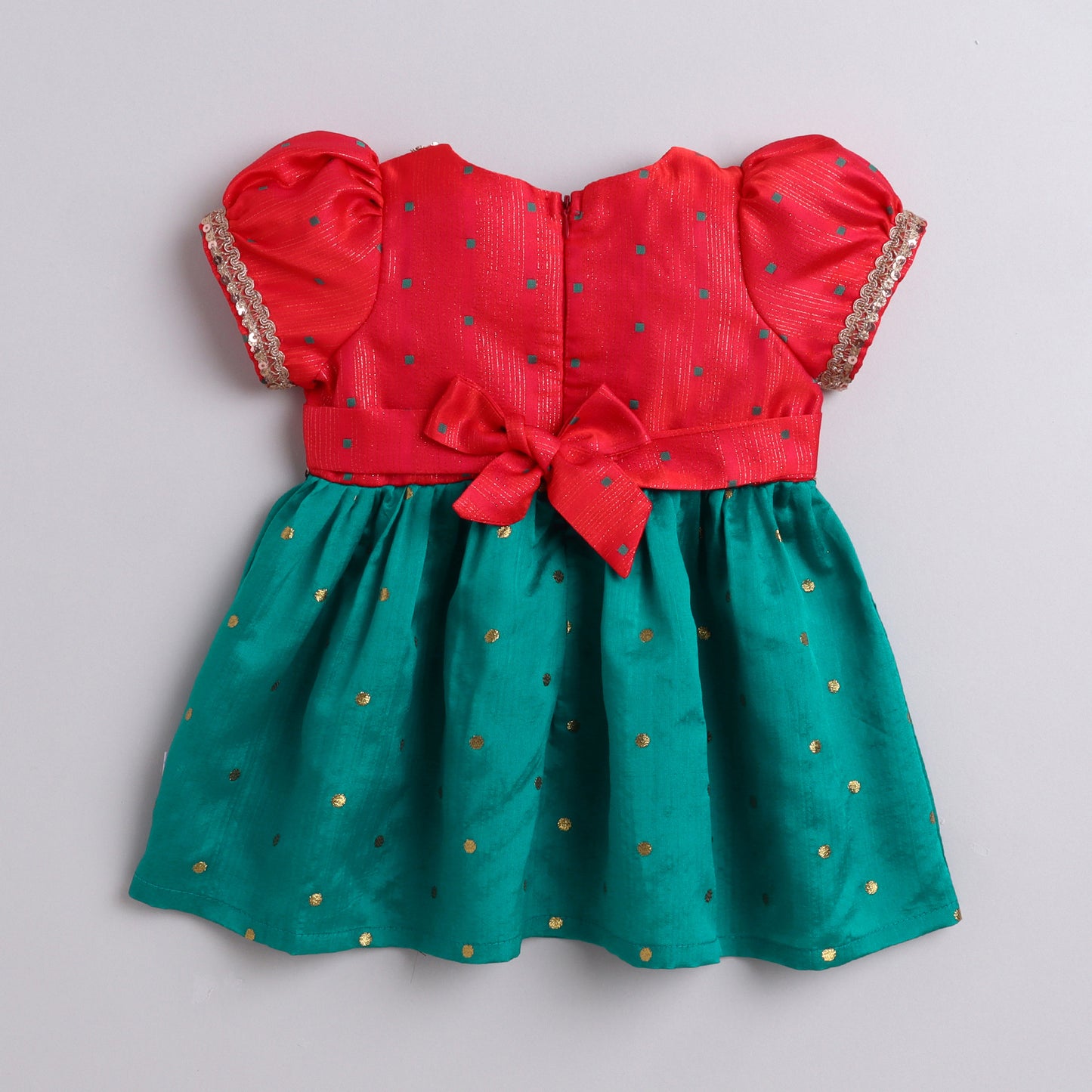 Many Frocks & woven boti lace embellished puff sleeves  knee length ethnic frock - Pink  & Green