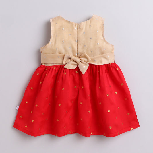 Many Frocks & poly silk sleeveless lace embellished woven boti knee length ethnic dress - Red & Beige