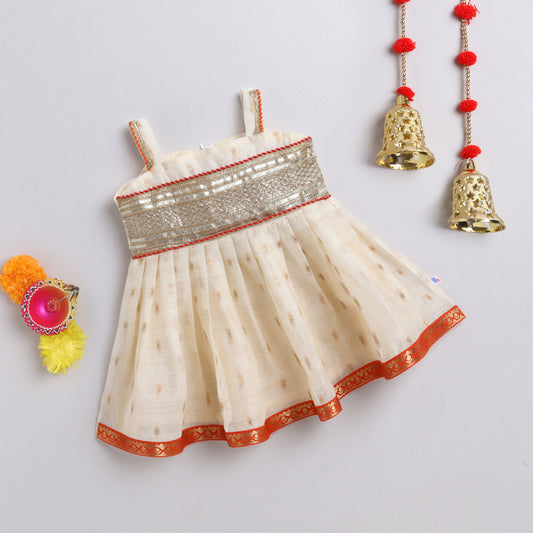 Many Frocks & chanderi woven boti strappy sleeveless gota  embellished  knee length  ethnic dress - Cream