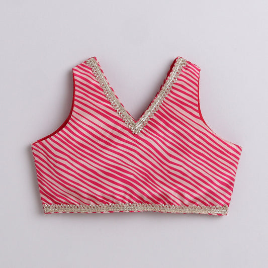 Many Frocks & chanderi golden woven boti sleeveless lace and latkan embellished ethnic lehenga choli dupttta set - pink & cream