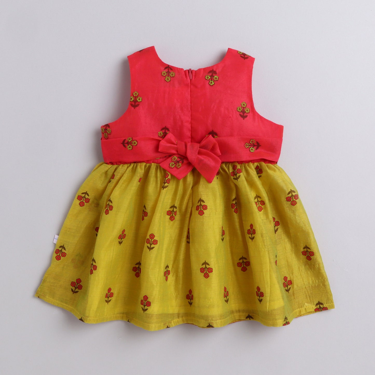 Many Frocks & chanderi sleeveless  lace embellished prnted knee length  ethnic dress - Pink & Yellow