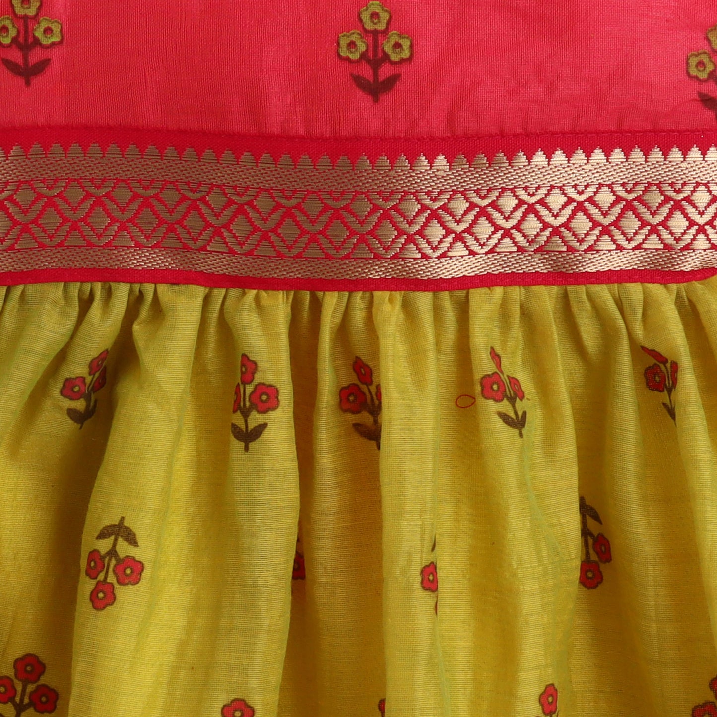 Many Frocks & chanderi sleeveless  lace embellished prnted knee length  ethnic dress - Pink & Yellow