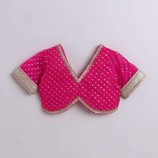 Many Frocks & georgette leheriya short sleeves gota embellished lehenga choli dupatta set - Pink