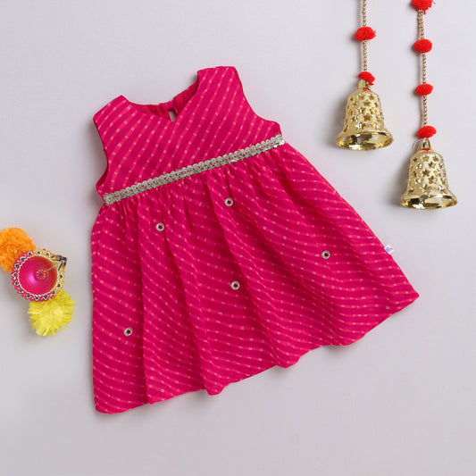 Many Frocks & leheriya georgette sleeveless lace stone & bead embellished Knee Length  ethnic dress - Pink