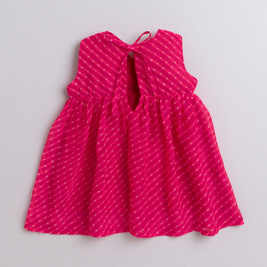 Many Frocks & leheriya georgette sleeveless lace stone & bead embellished Knee Length  ethnic dress - Pink