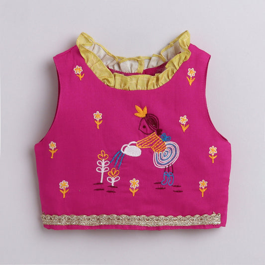 Many Frocks & Cotton Sleeveless hand embroidered & lace embellished lengha choli dupatta set - Pink & Yellow