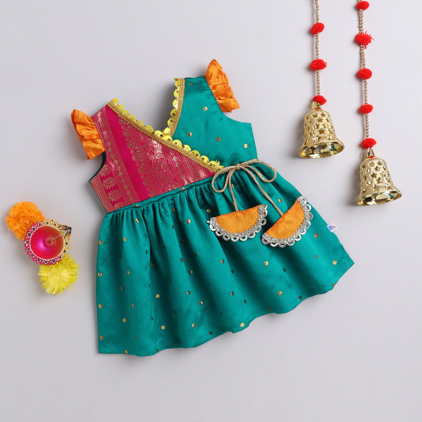 Many Frocks & banarasi  koti flutter sleeves and latkan embellished knee length ethnic frock - Green & Pink
