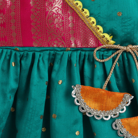 Many Frocks & banarasi koti flutter sleeves and latkan embellished knee length ethnic frock - Green & Pink