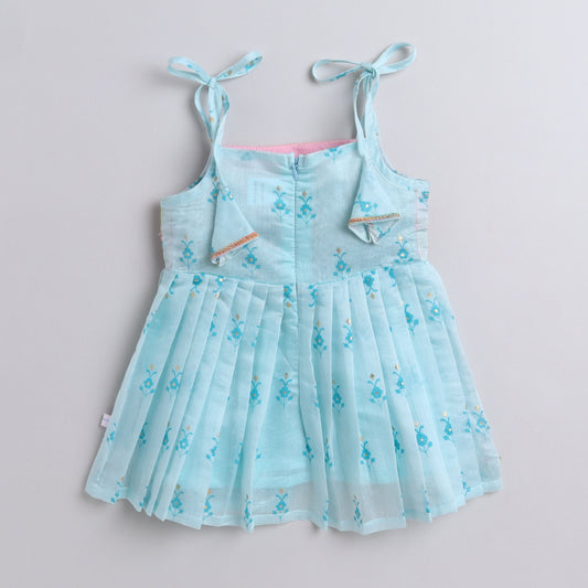 Many Frocks & chanderi sleeveless embroidered yoke knee length ethnic dress - Pink & Blue