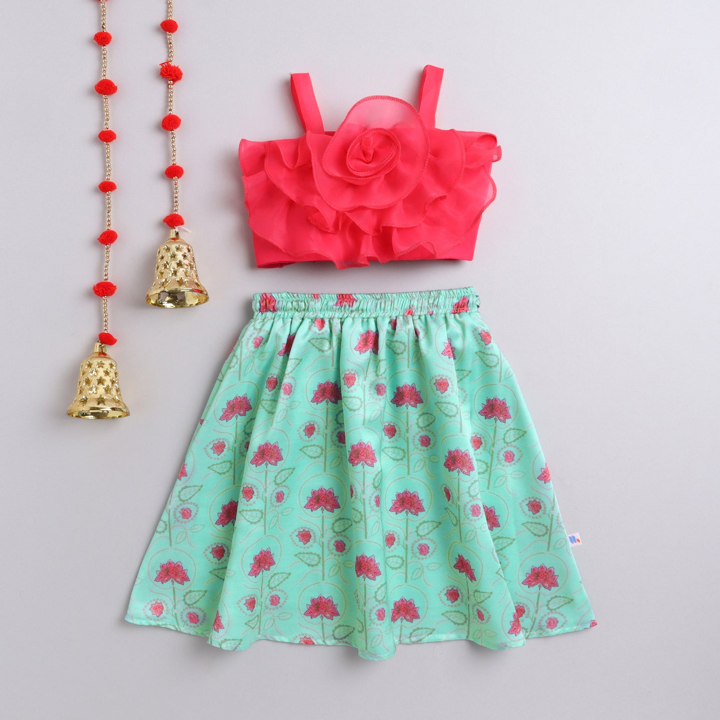 Many Frocks &  sleeveless hnd made 3D flower embellished lengha choli set - Pink & Green