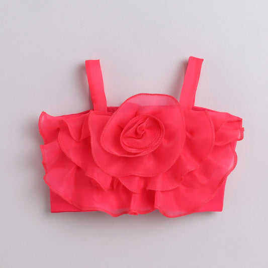 Many Frocks & sleeveless hnd made 3D flower embellished lengha choli set - Pink & Green