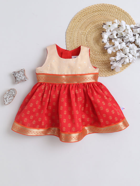 Many Frocks & Sleeveless Lace Embellished Knee Length Flared Baby Girls Ethnic Dress - Red & Beige