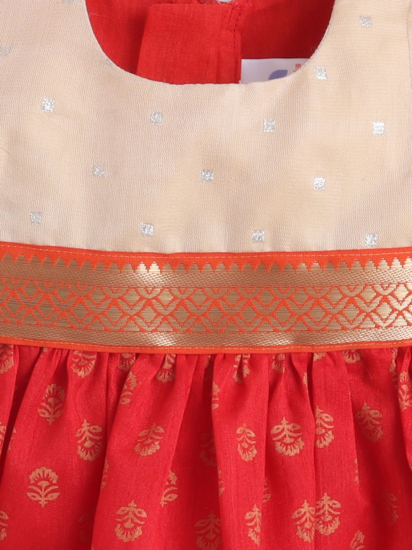 Many Frocks & Sleeveless Lace Embellished Knee Length Flared Baby Girls Ethnic Dress - Red & Beige