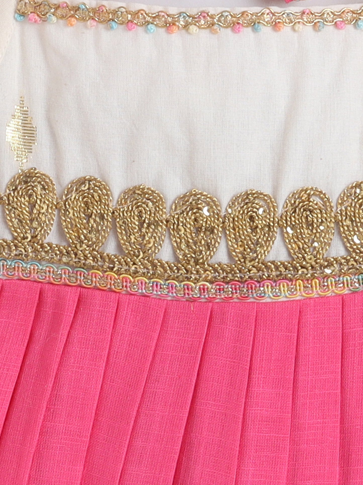 Many Frocks & Cotton Sleeveless Tie-Up Shoulder Straps Lace Embellished Knee Length Flared Baby Girls Jhabla Ethnic Dress - Pink & Cream