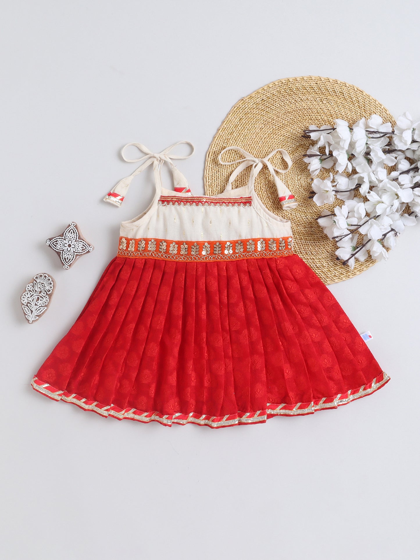 Many Frocks & Cotton Sleeveless Tie-Up Shoulder Straps Lace Embellished Knee Length Flared Baby Girls Jhabla Ethnic Dress - Red & Cream