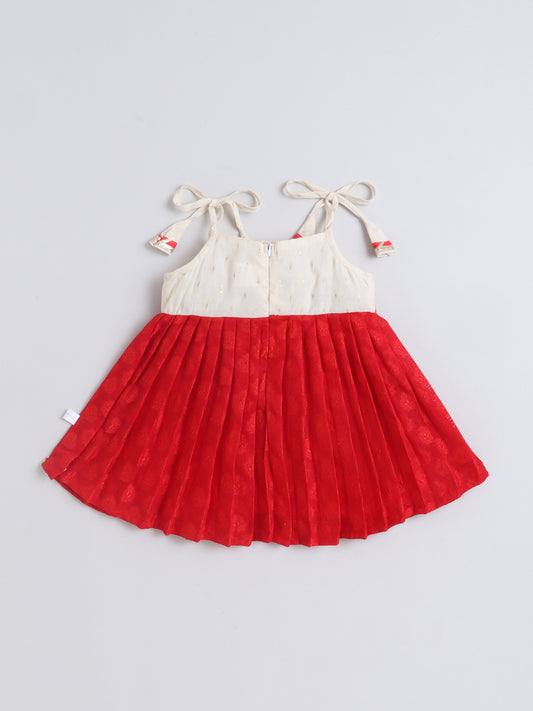 Many Frocks & Cotton Sleeveless Tie-Up Shoulder Straps Lace Embellished Knee Length Flared Baby Girls Jhabla Ethnic Dress - Red & Cream