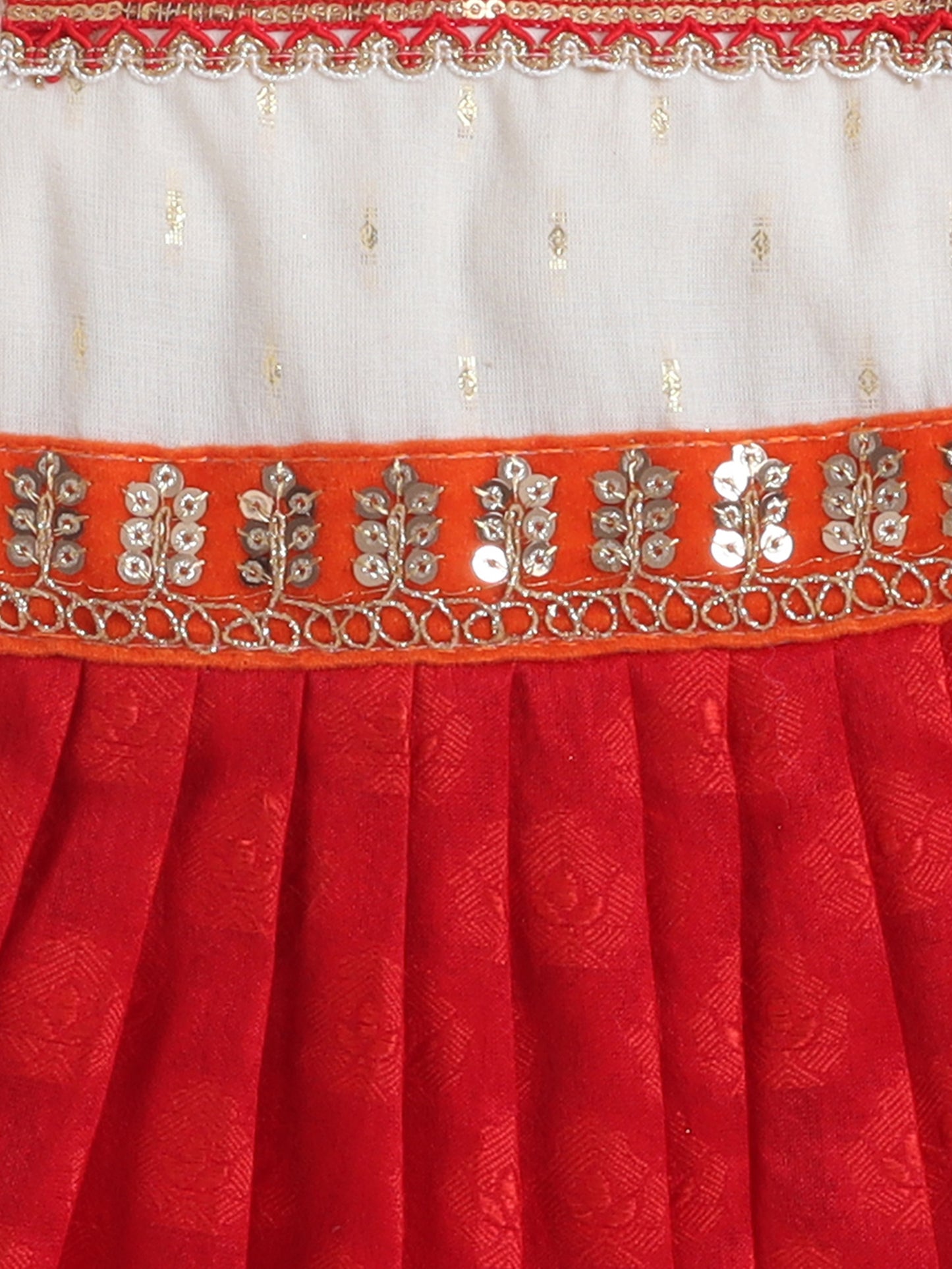 Many Frocks & Cotton Sleeveless Tie-Up Shoulder Straps Lace Embellished Knee Length Flared Baby Girls Jhabla Ethnic Dress - Red & Cream