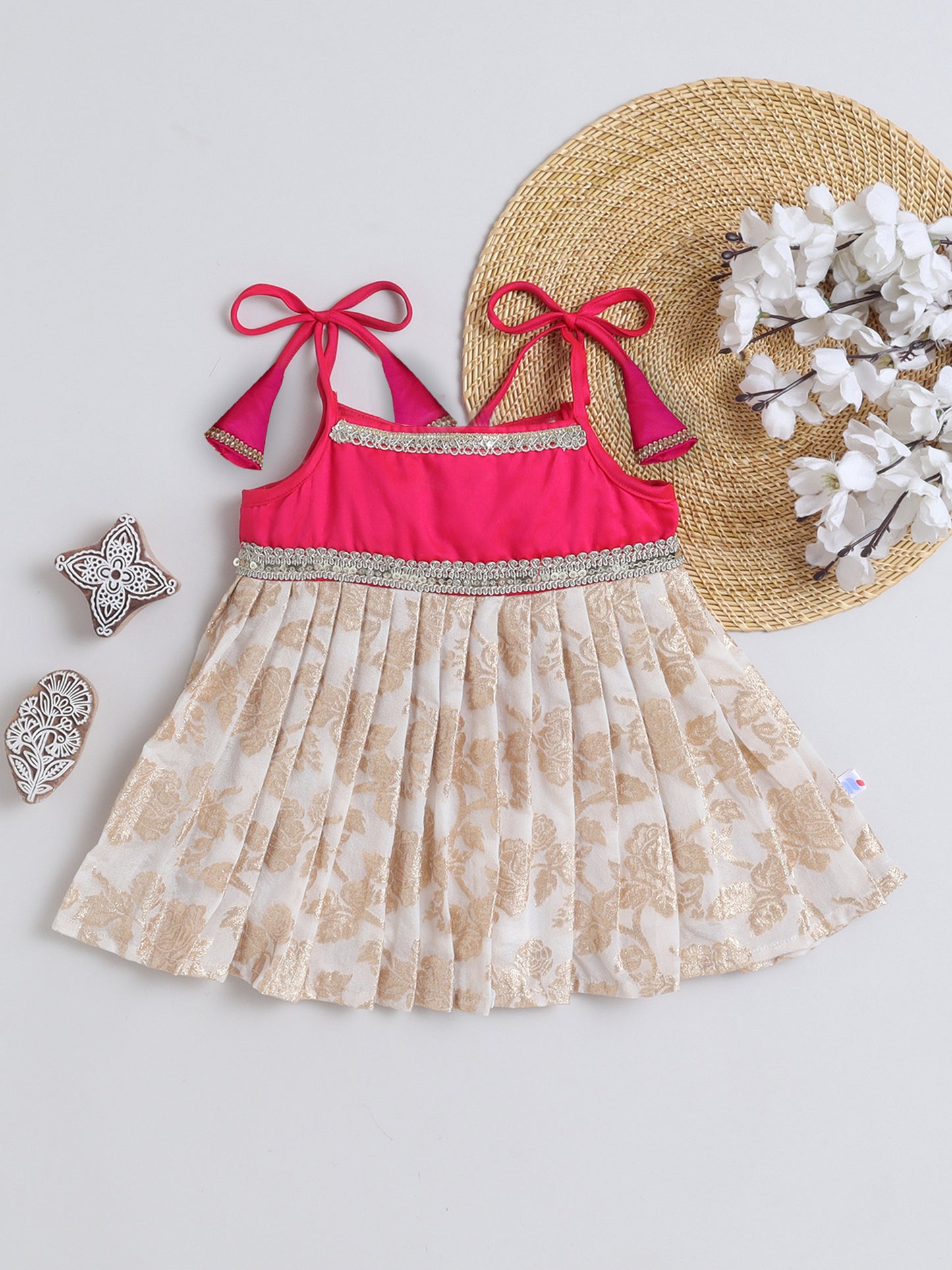 Many Frocks & Banarasi Sleeveless Tie-Up Shoulder Straps Lace Embellished Knee Length Flared Baby Girls Jhabla Ethnic Dress- Cream & Pink