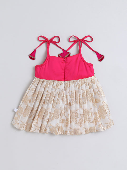 Many Frocks & Banarasi Sleeveless Tie-Up Shoulder Straps Lace Embellished Knee Length Flared Baby Girls Jhabla Ethnic Dress- Cream & Pink