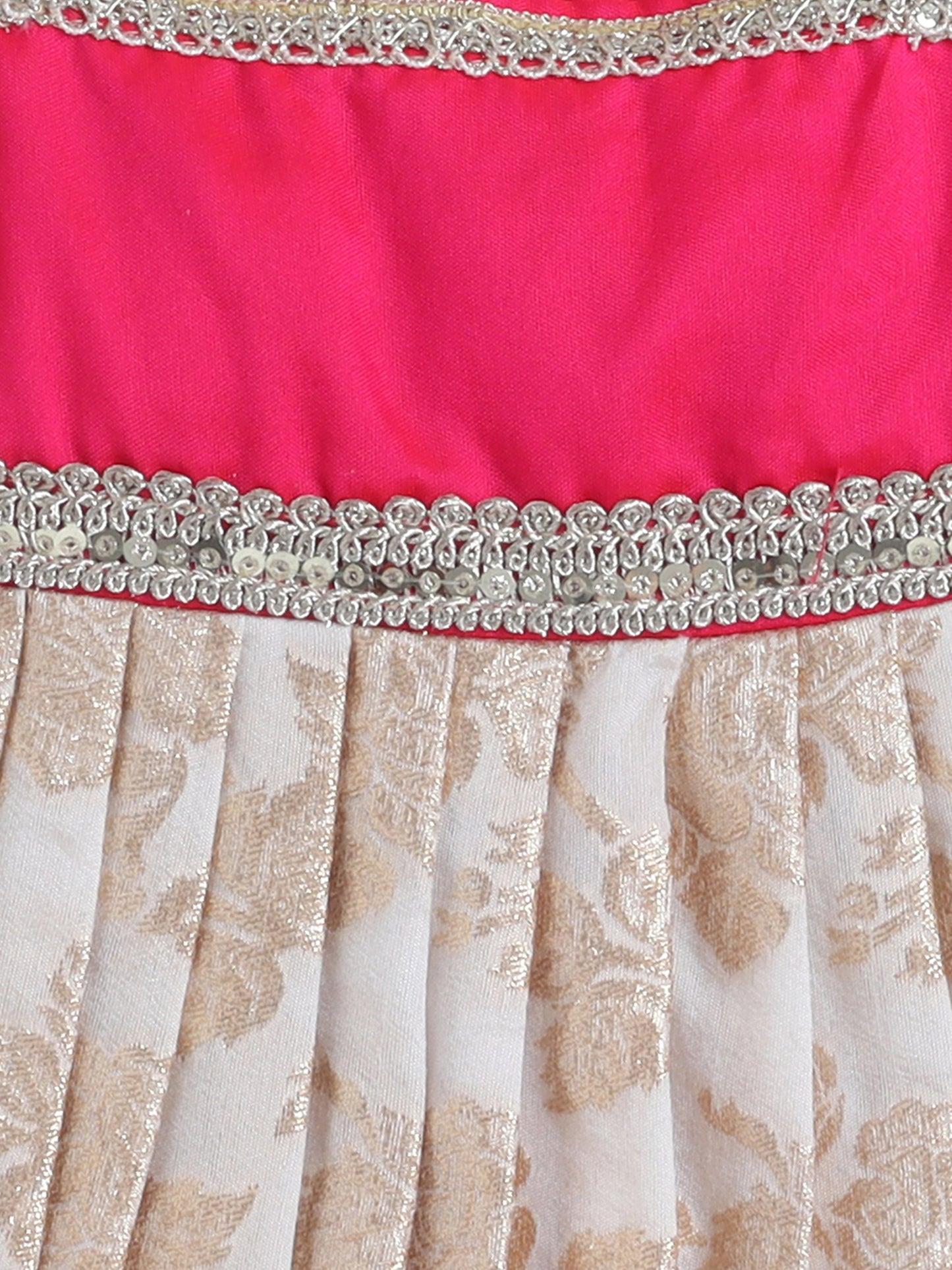 Many Frocks & Banarasi Sleeveless Tie-Up Shoulder Straps Lace Embellished Knee Length Flared Baby Girls Jhabla Ethnic Dress- Cream & Pink