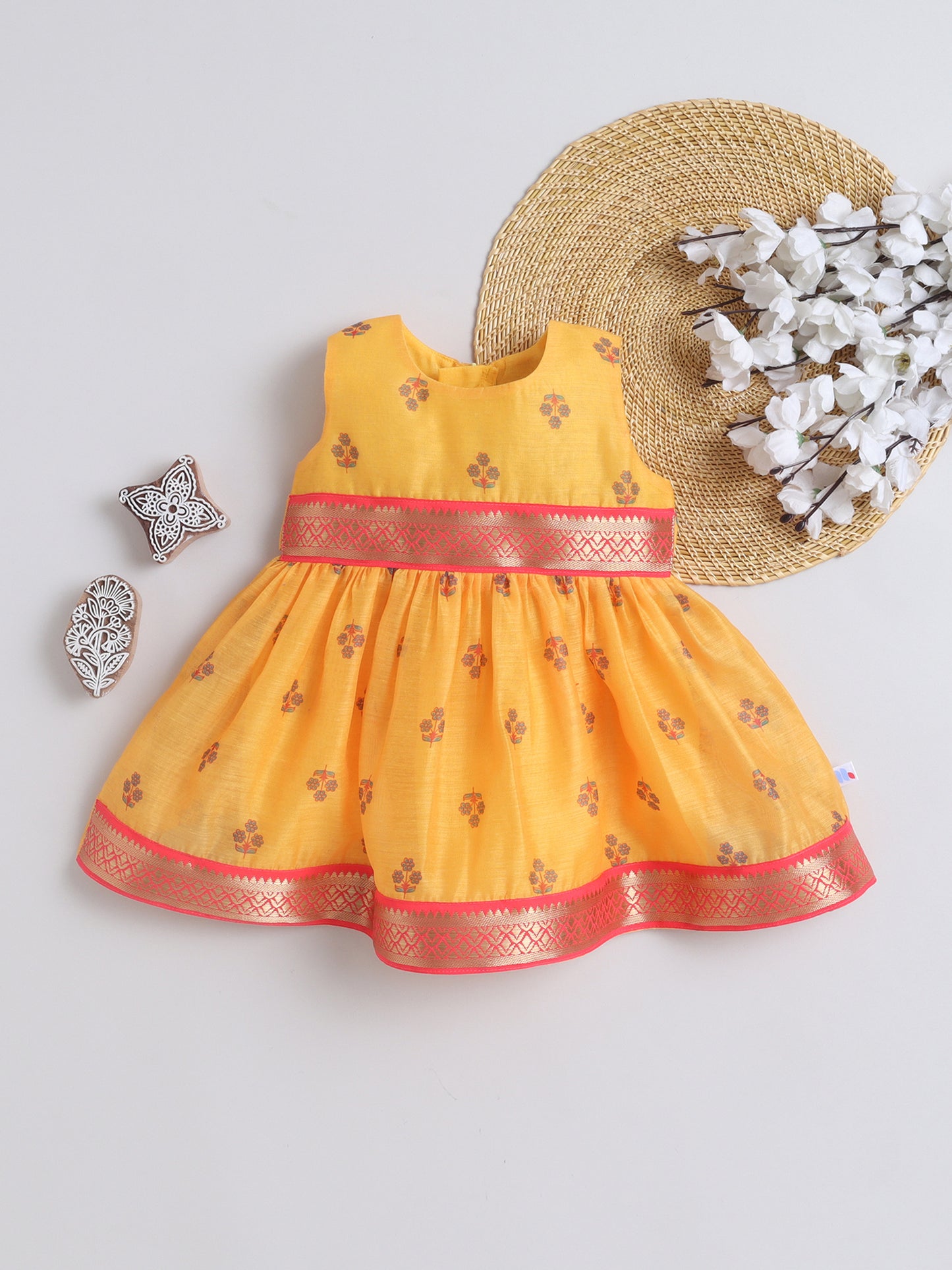 Many Frocks & Chanderi Sleeveless Lace Embellished Knee Length Flared Baby Girls Ethnic Dress - Mustard