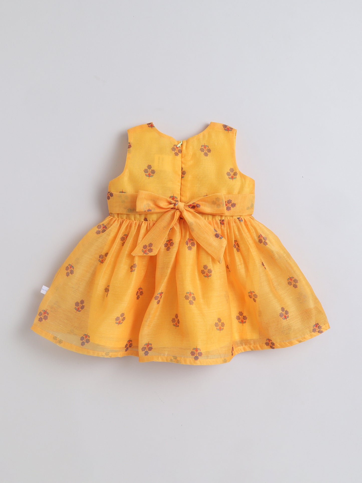 Many Frocks & Chanderi Sleeveless Lace Embellished Knee Length Flared Baby Girls Ethnic Dress - Mustard