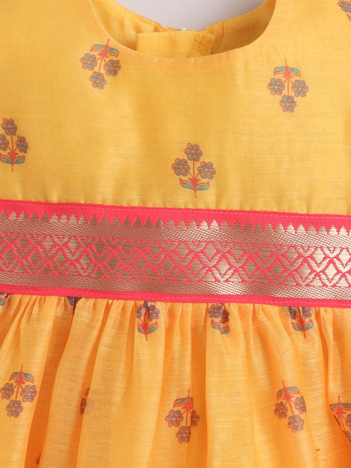 Many Frocks & Chanderi Sleeveless Lace Embellished Knee Length Flared Baby Girls Ethnic Dress - Mustard