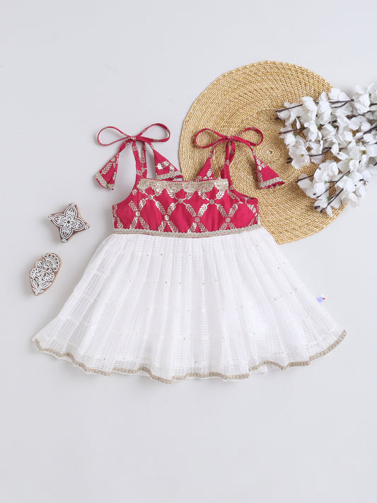 Many Frocks & Malmal Cotton Sleeveless Tie-Up Shoulder Straps Lace Embellished Knee Length Flared Baby Girls Ethnic Dress - White & Pink