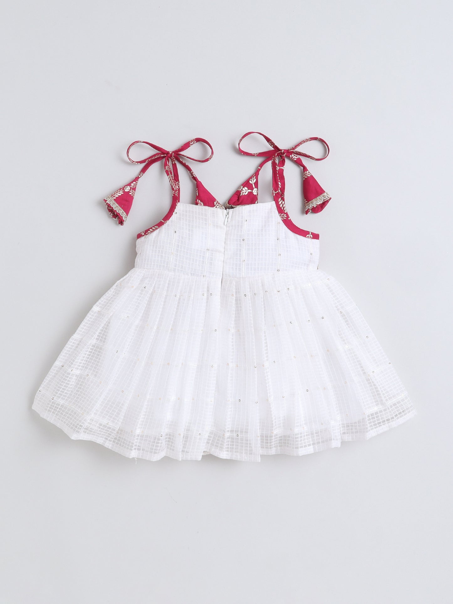 Many Frocks & Malmal Cotton Sleeveless Tie-Up Shoulder Straps Lace Embellished Knee Length Flared Baby Girls Ethnic Dress - White & Pink