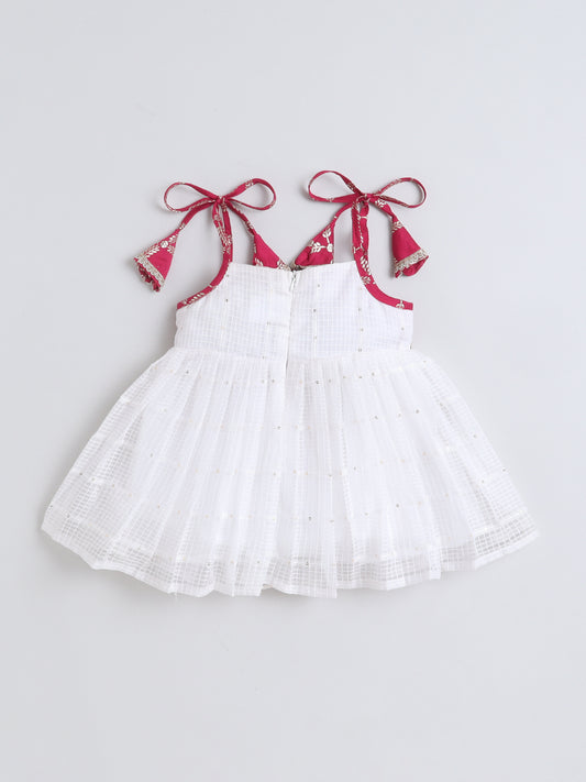 Many Frocks & Malmal Cotton Sleeveless Tie-Up Shoulder Straps Lace Embellished Knee Length Flared Baby Girls Ethnic Dress - White & Pink