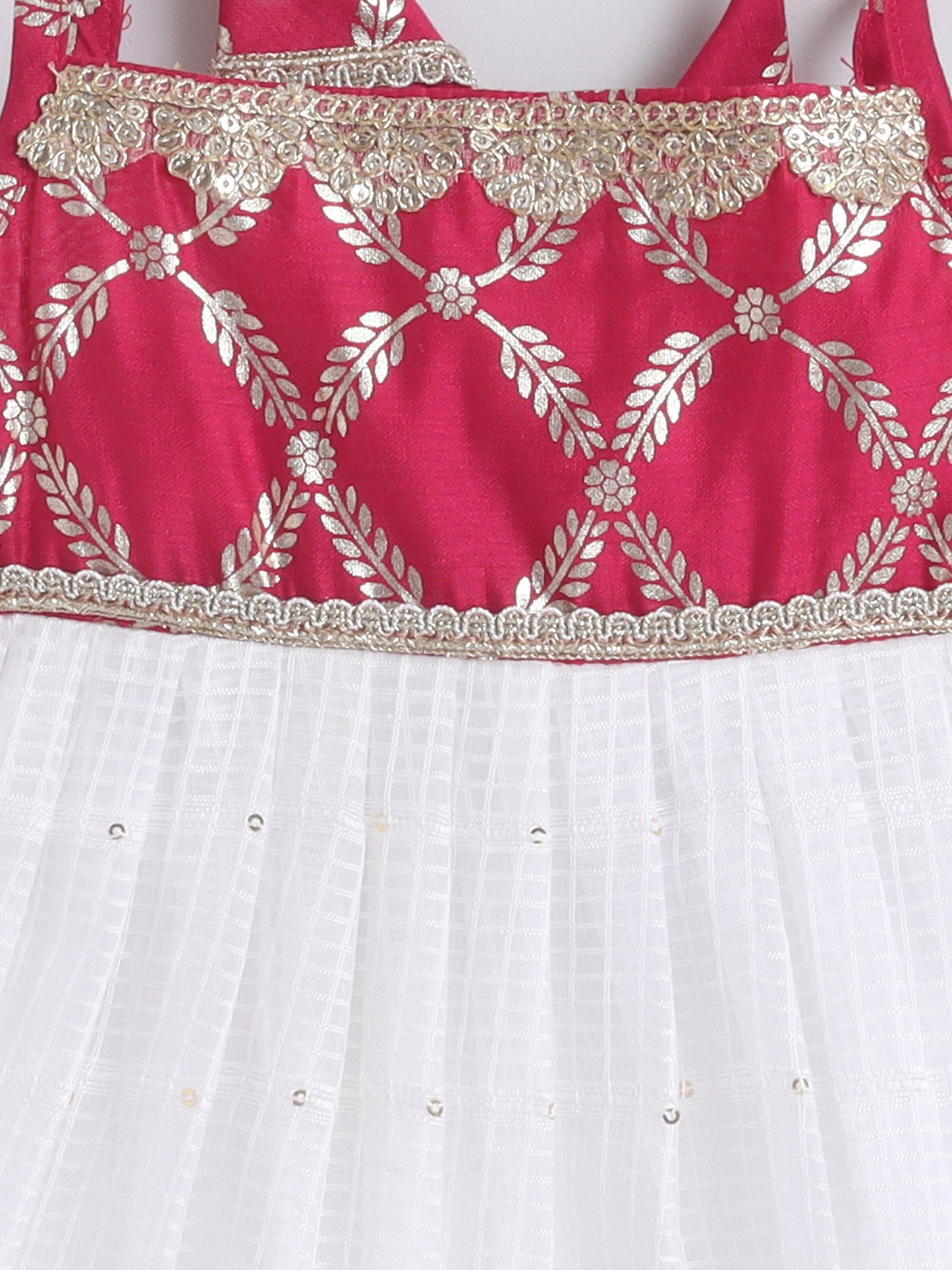 Many Frocks & Malmal Cotton Sleeveless Tie-Up Shoulder Straps Lace Embellished Knee Length Flared Baby Girls Ethnic Dress - White & Pink