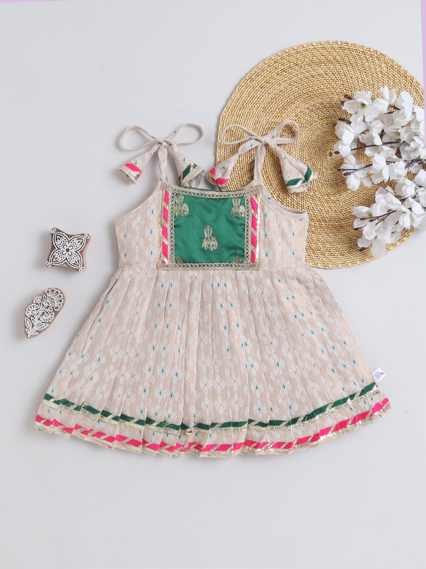 Many Frocks & Banarasi Sleeveless Lace Embellished Knee Length Flared Baby Girls Jhabla Ethnic Dress - Cream & Green