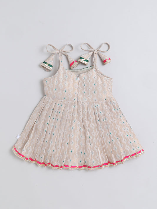 Many Frocks & Banarasi Sleeveless Lace Embellished Knee Length Flared Baby Girls Jhabla Ethnic Dress - Cream & Green