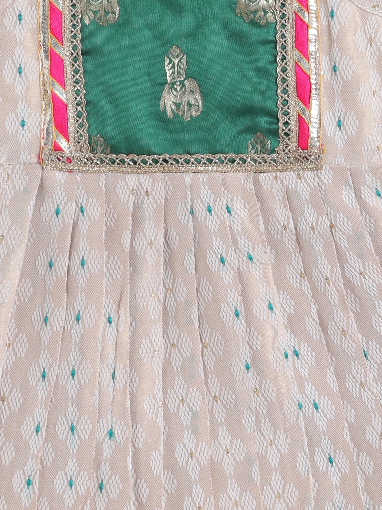Many Frocks & Banarasi Sleeveless Lace Embellished Knee Length Flared Baby Girls Jhabla Ethnic Dress - Cream & Green