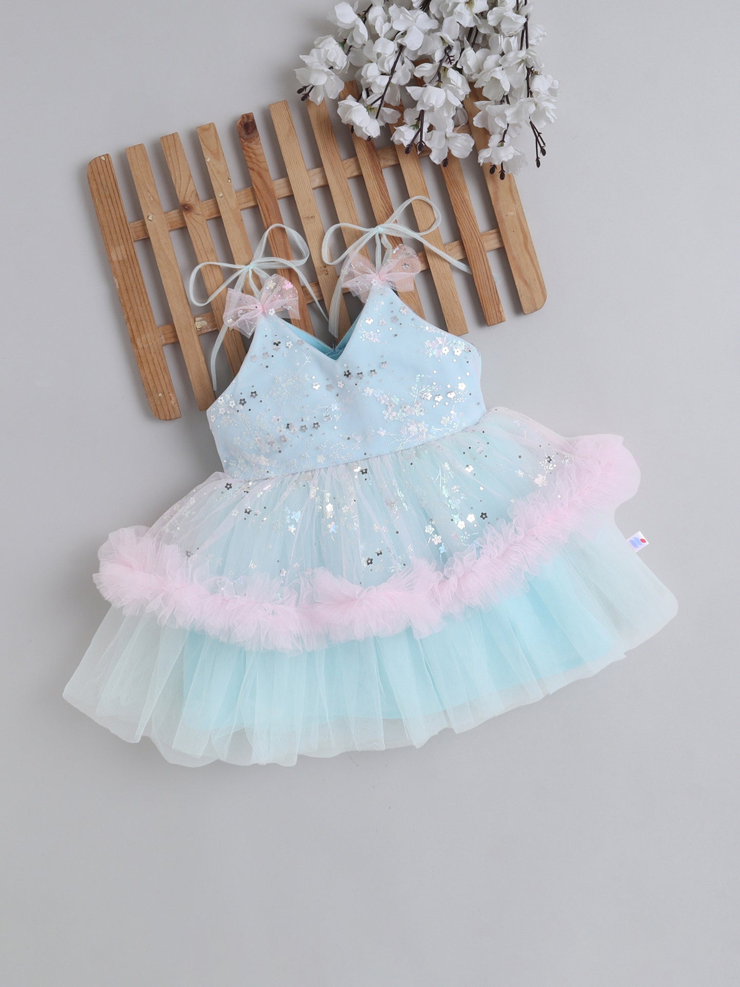 Many Frocks & Net Sleeveless Tie-Up Shoulder Straps Star Printed Bow Embellished Knee Length Baby Girl Party Dress - Blue