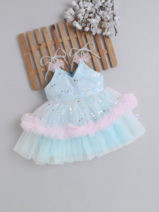 Many Frocks & Net Sleeveless Tie-Up Shoulder Straps Star Printed Bow Embellished Knee Length Baby Girl Party Dress - Blue