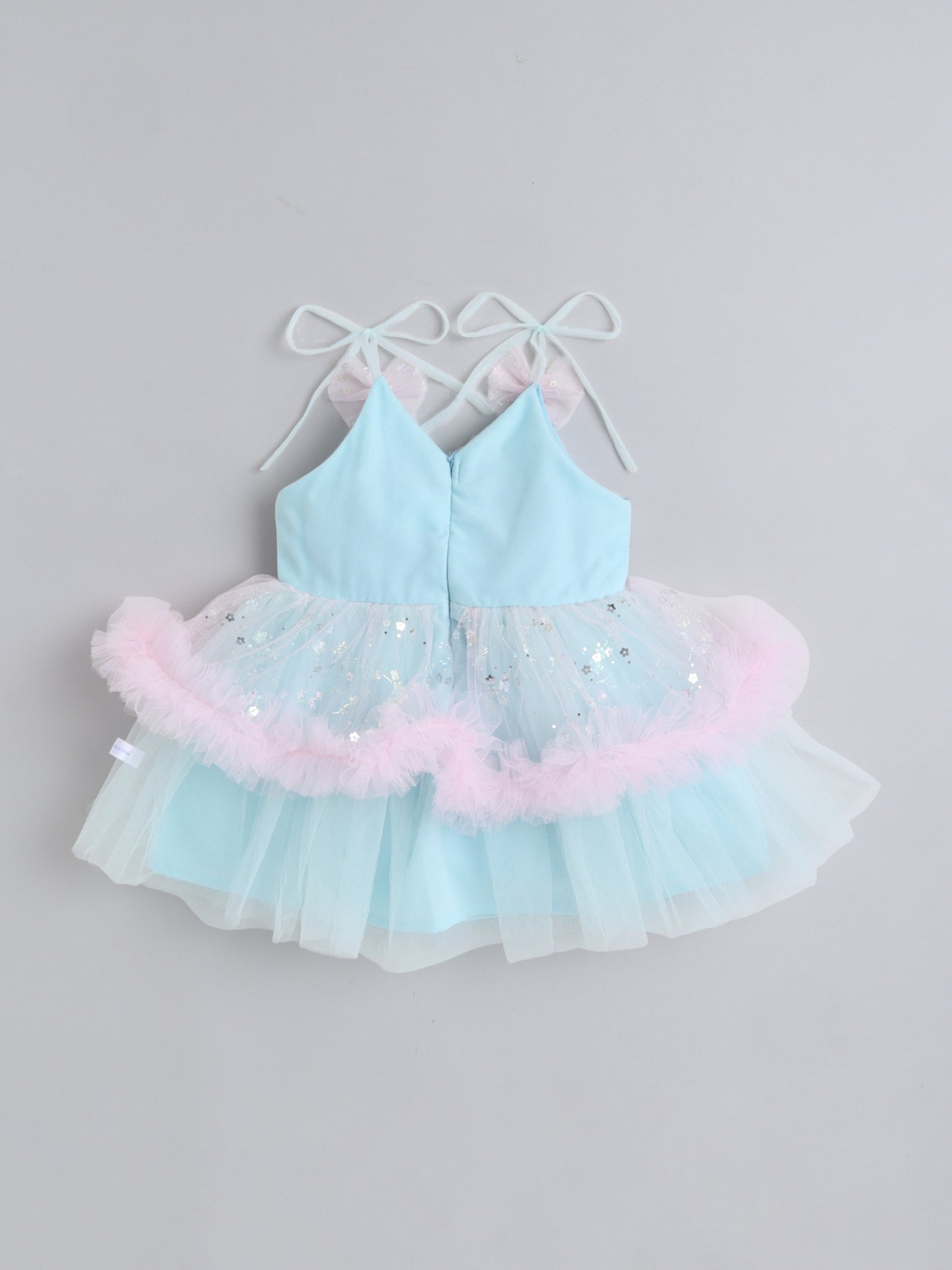 Many Frocks & Net Sleeveless Tie-Up Shoulder Straps Star Printed Bow Embellished Knee Length Baby Girl Party Dress - Blue
