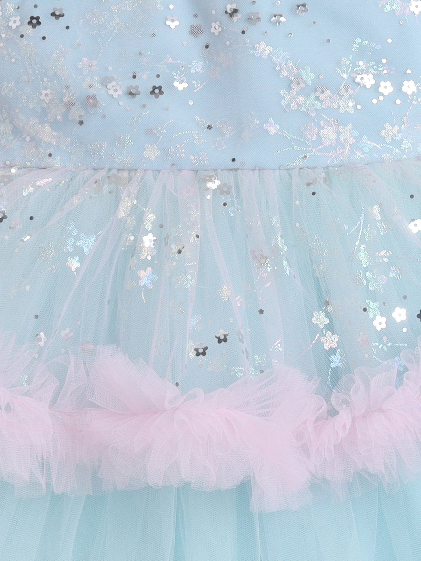 Many Frocks & Net Sleeveless Tie-Up Shoulder Straps Star Printed Bow Embellished Knee Length Baby Girl Party Dress - Blue