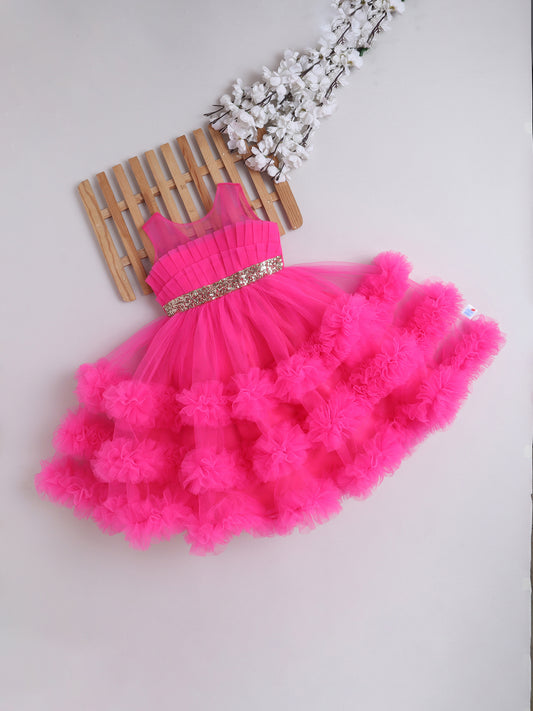 Many Frocks & Net Sleeveless Pleated Body Sequin Lace Embellished Full Length Baby Party Dress - Pink
