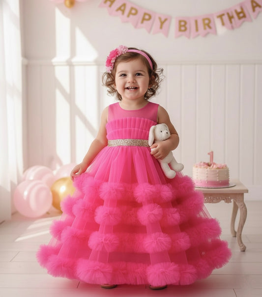 Many Frocks & Net Sleeveless Pleated Body Sequin Lace Embellished Full Length Baby Party Dress - Pink