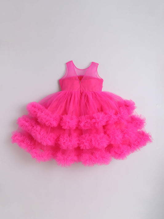 Many Frocks & Net Sleeveless Pleated Body Sequin Lace Embellished Full Length Baby Party Dress - Pink