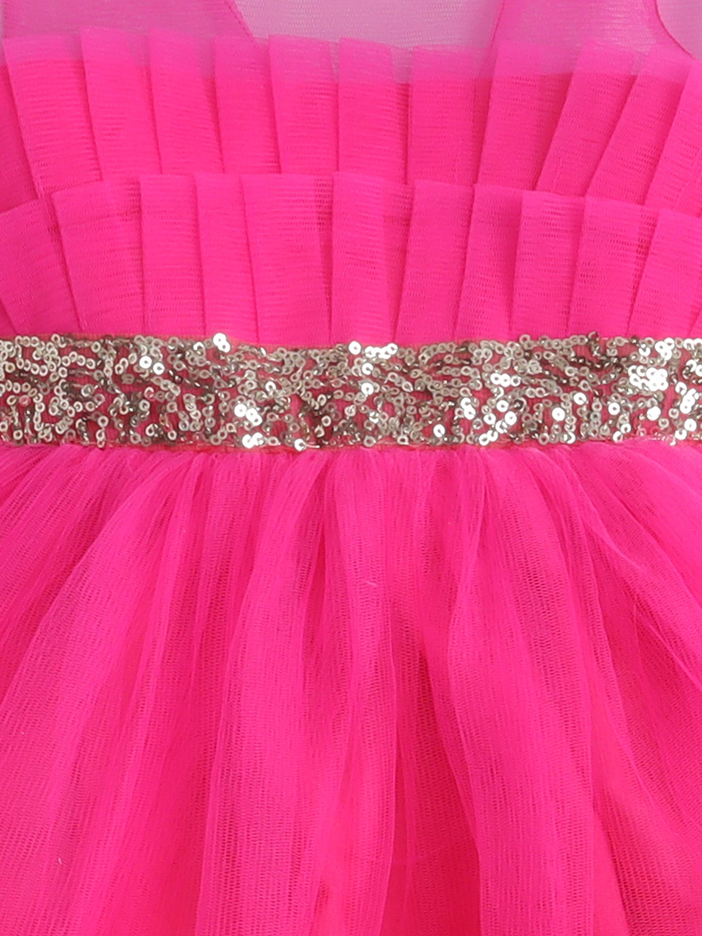 Many Frocks & Net Sleeveless Pleated Body Sequin Lace Embellished Full Length Baby Party Dress - Pink