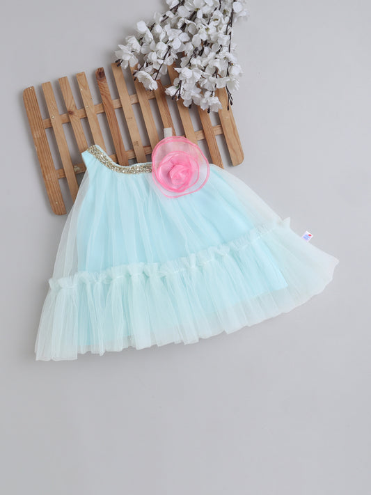Many Frocks & Net Sleeveless One Shoulder Straps Sequin & Flower Embellished Knee Length Baby Party Dress - Sea Green